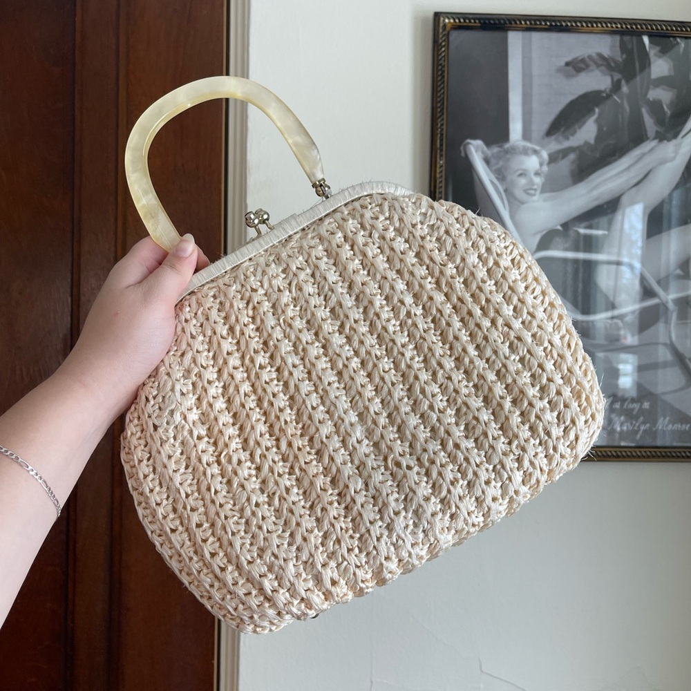 Wicker woven vintage purse with acrylic handle